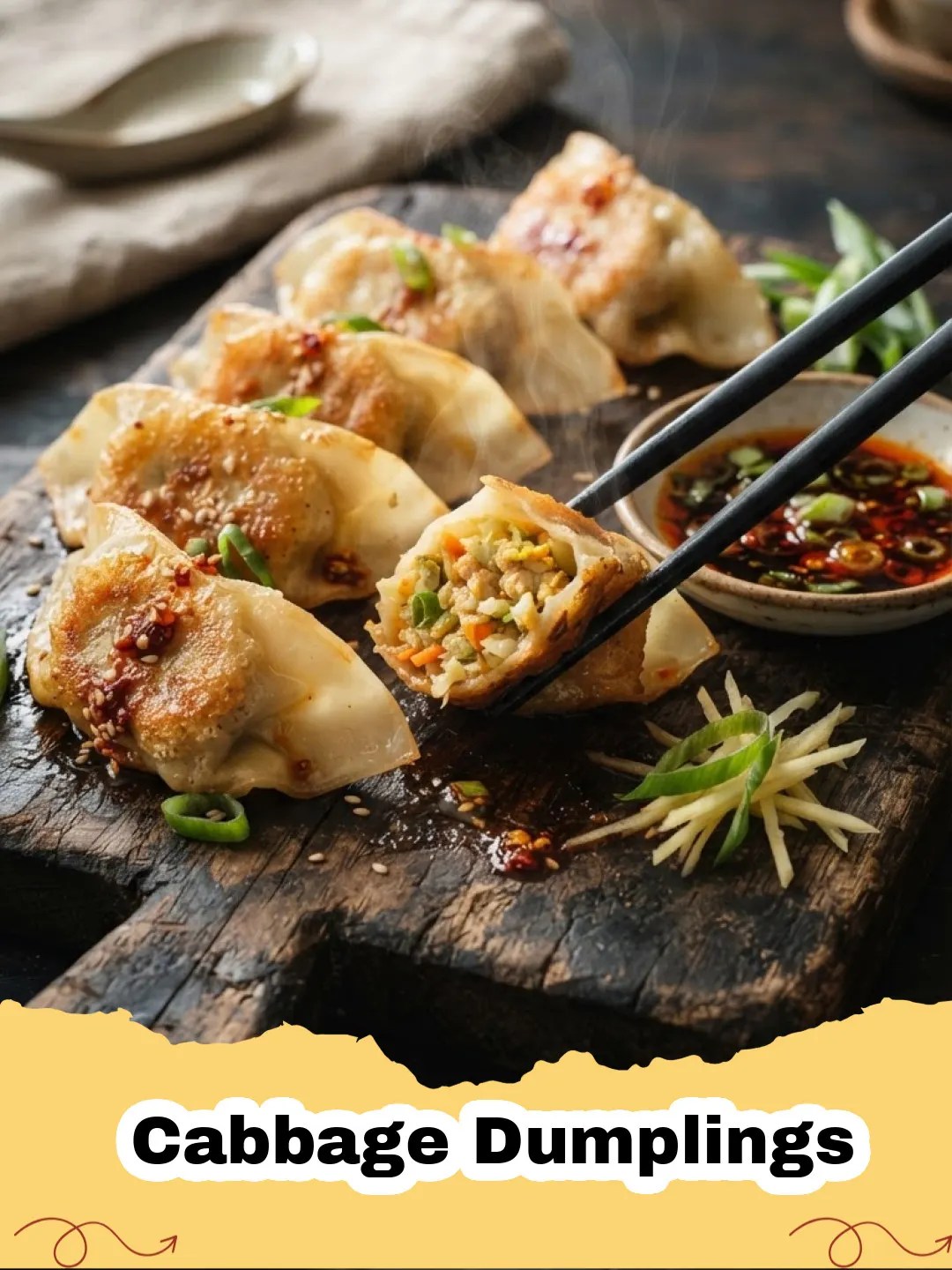 Cabbage Dumplings - Close-up of golden pan-fried cabbage dumplings with a dipping sauce.