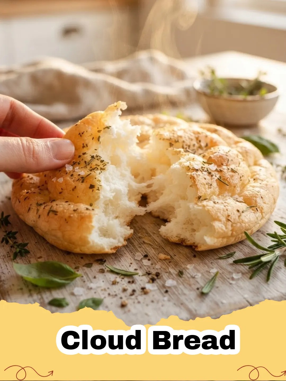 A stack of light and fluffy Cloud Breads on a cooling rack, with one broken open to show its airy texture.