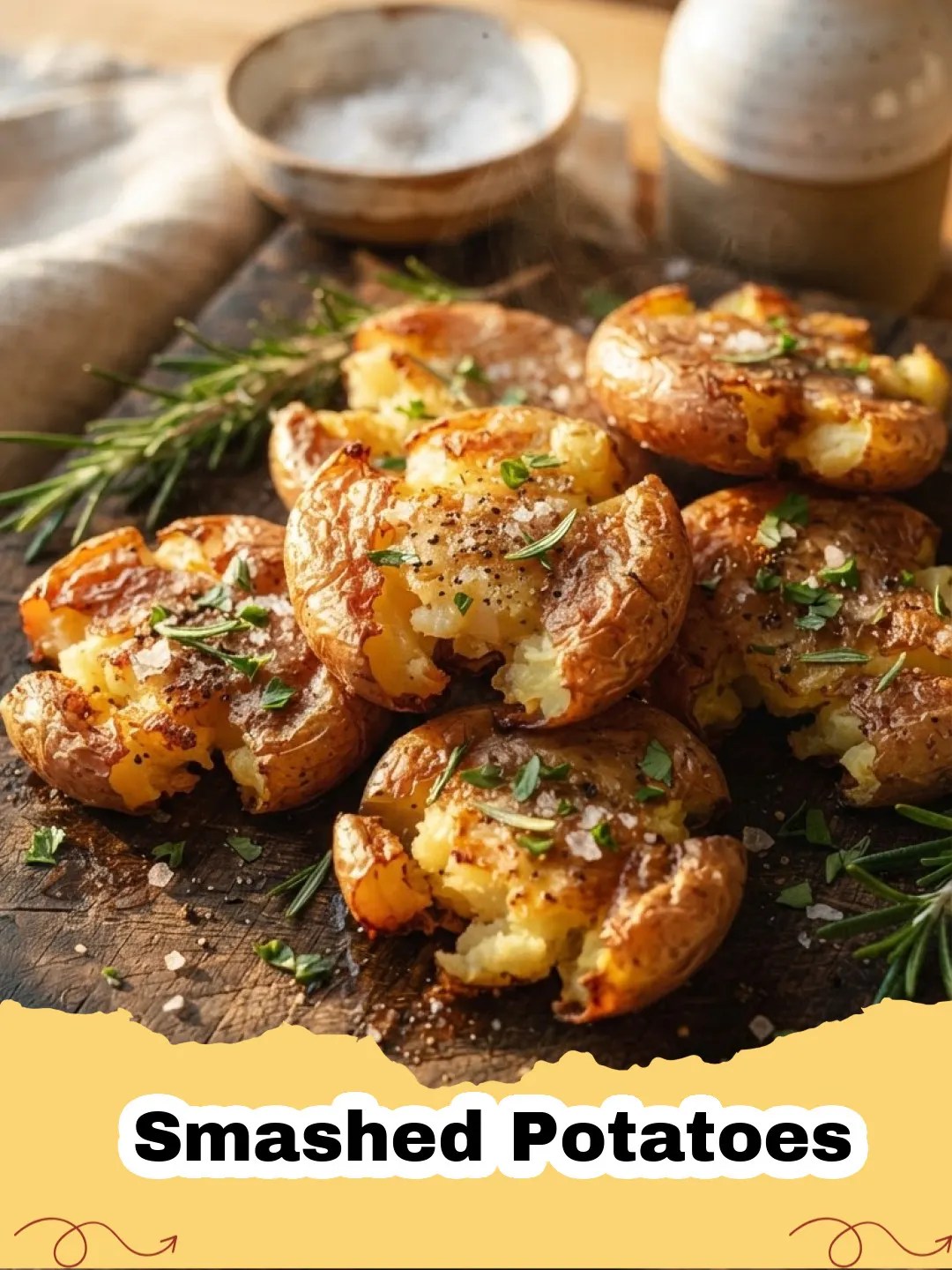 Close-up of crispy, golden Smashed Potatoes garnished with fresh rosemary and sea salt.