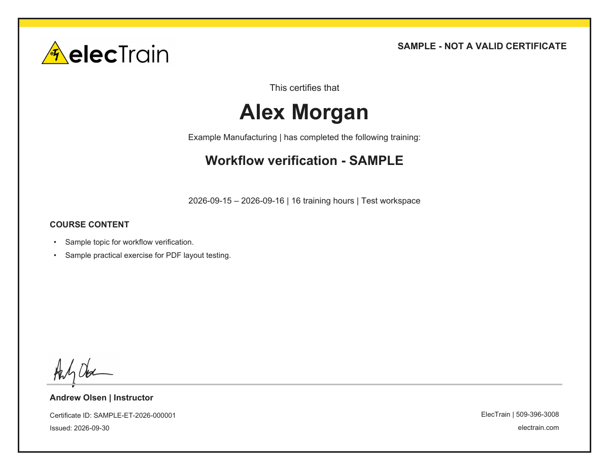 Clearly marked sample certificate for fictional student Alex Morgan