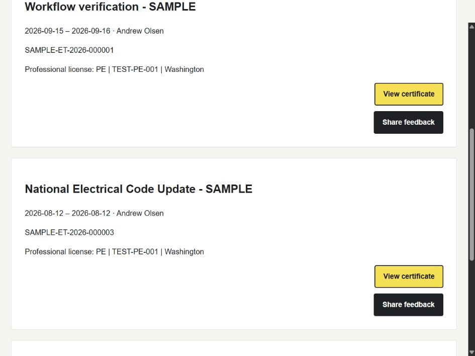 Fictional training history showing separate sample courses with certificate and feedback buttons