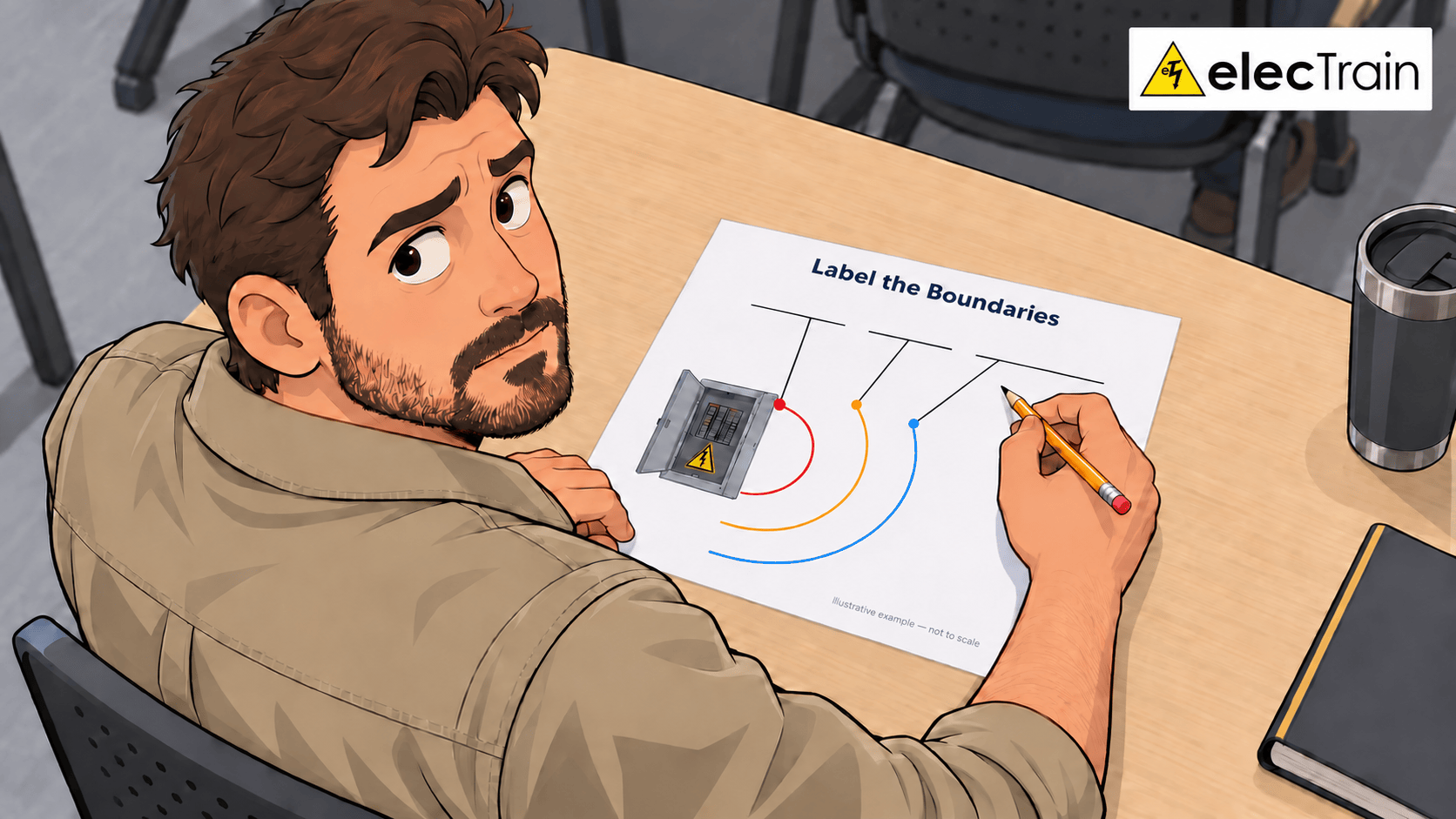 Cartoon trainee considering a boundary-labeling test with blank answers.