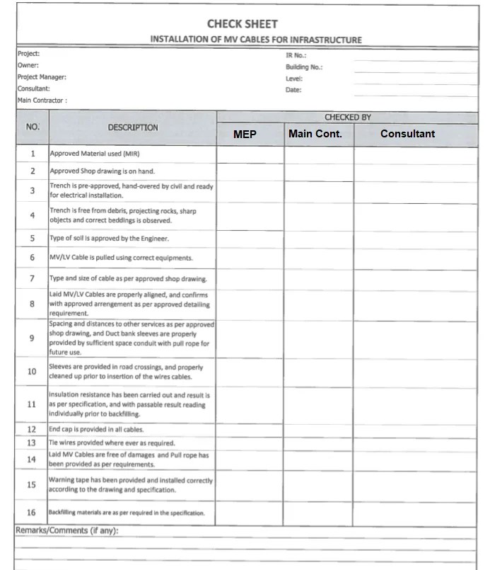 Check Sheet for Infrastructure MV Cable Pulling and Installation ...