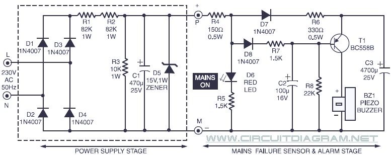 Power Supply Failure Alarm Circuit Electronic Circuit Diagram