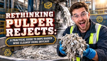 Featured image with the text: Rethinking Pulper Rejects A Practical Guide to Rope Ragger Wire Cleanup Using Drycake Twister Systems.