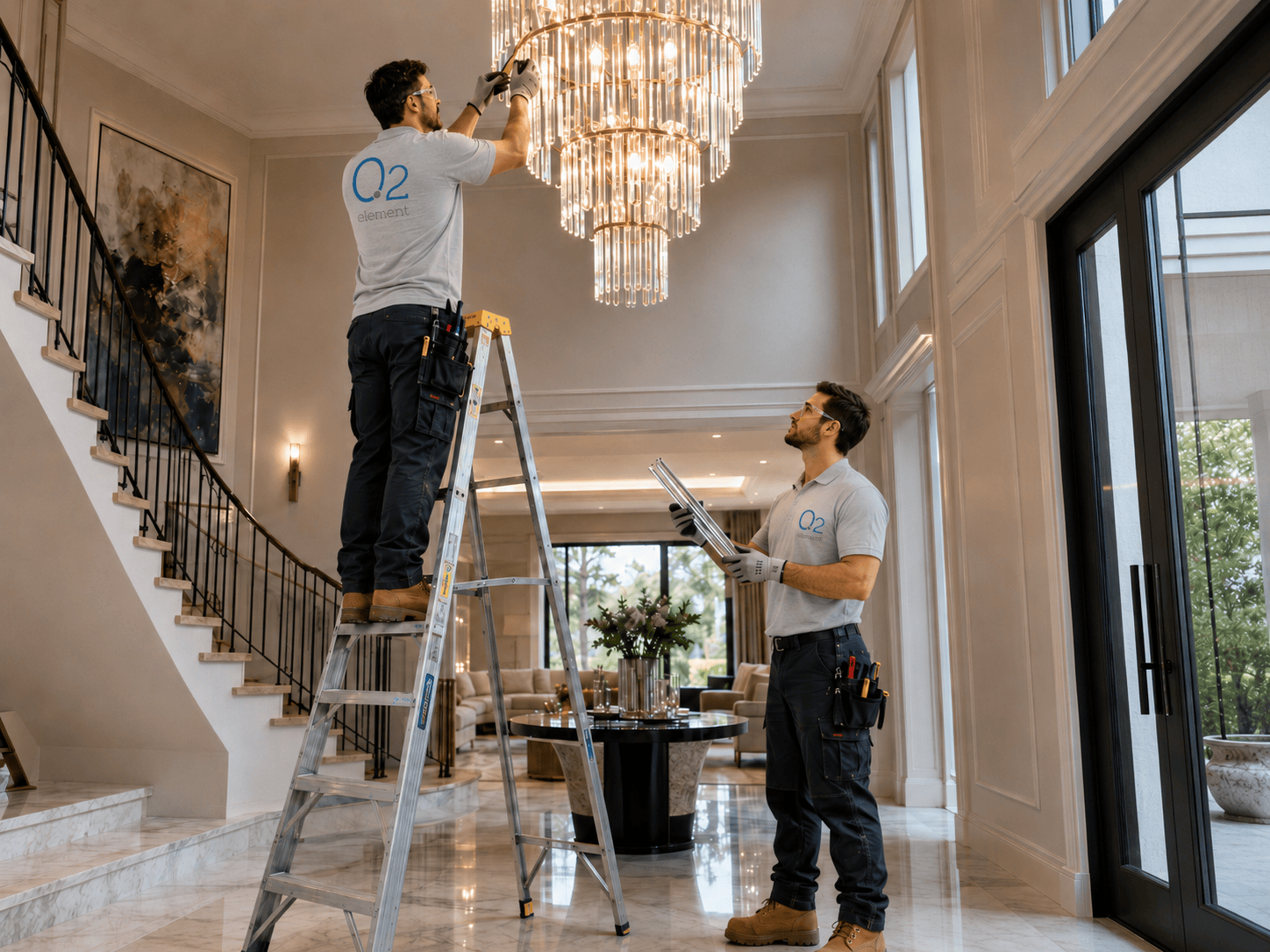 Element02 electricians installing a large crystal chandelier in a home