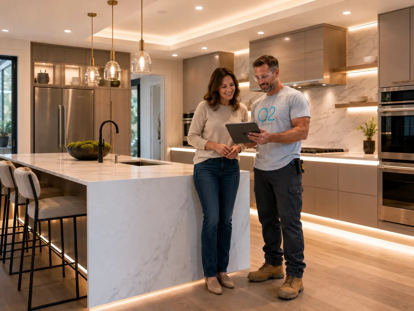 Element02 renovation professional reviewing a kitchen project with a homeowner