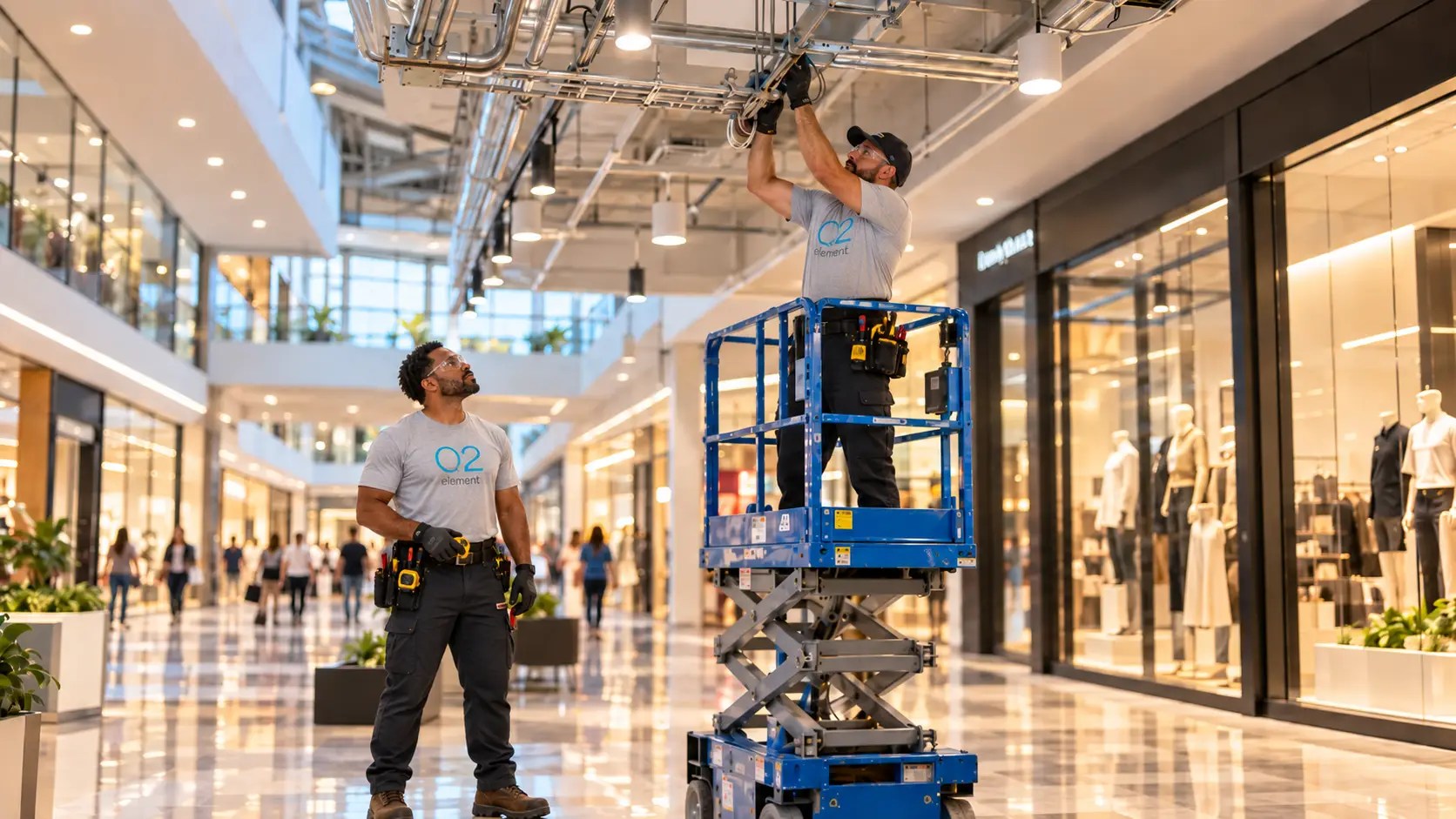 Element02 electricians installing overhead electrical systems in a shopping mall