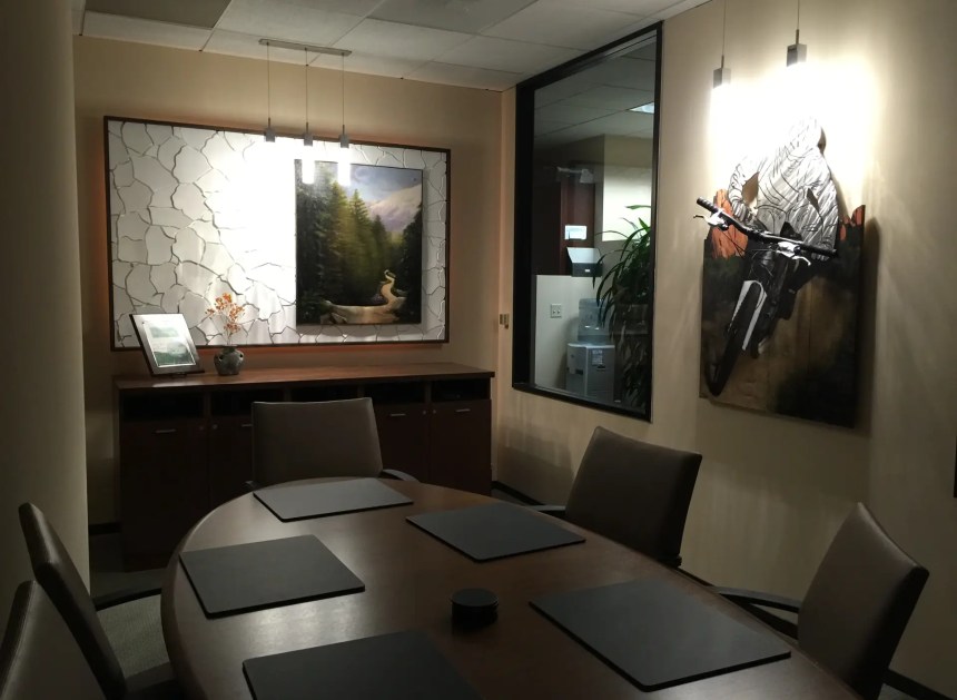 Silversage conference room with forest artwork and dimensional mountain biker piece