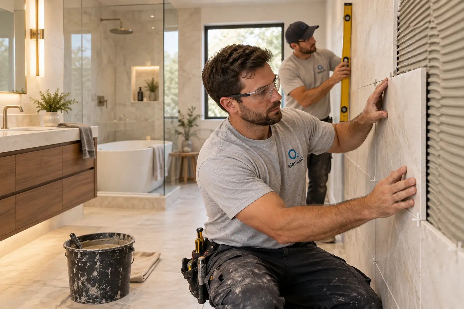 Element02 renovation crew installing wall tile in a modern bathroom