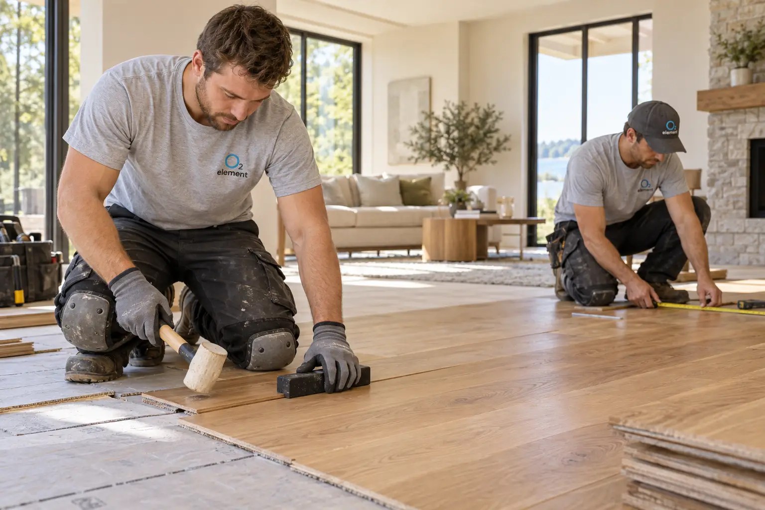 Element02 renovation crew installing wood flooring in a living room