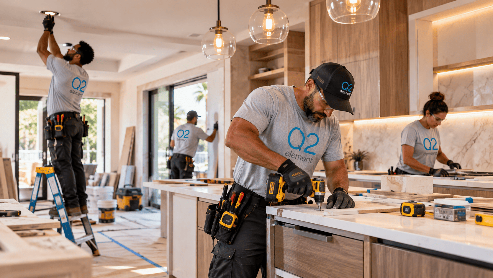 Element02 renovation team completing electrical and finish work in a modern kitchen