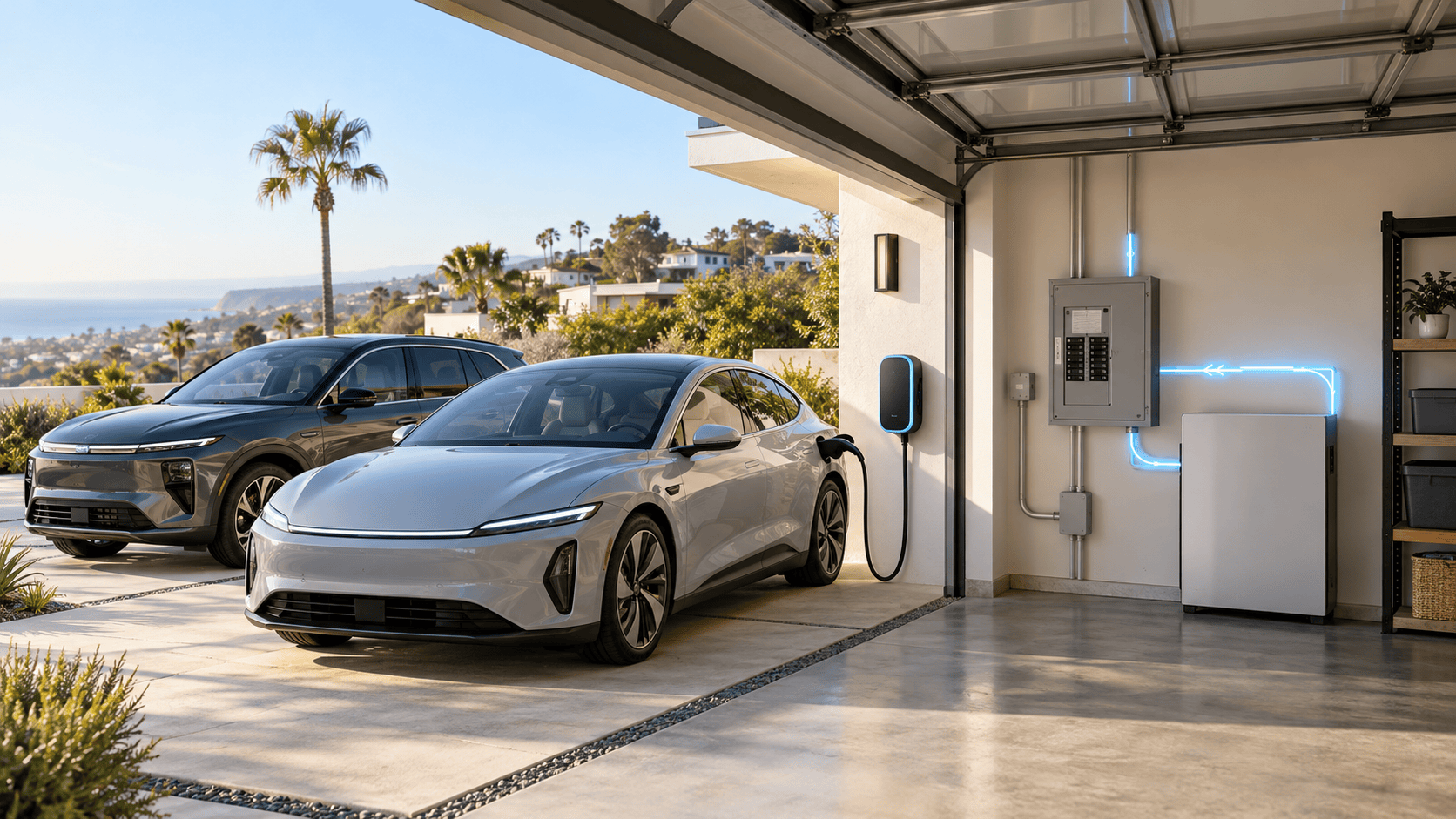 Electric vehicles connected to a home backup system in an Orange County garage