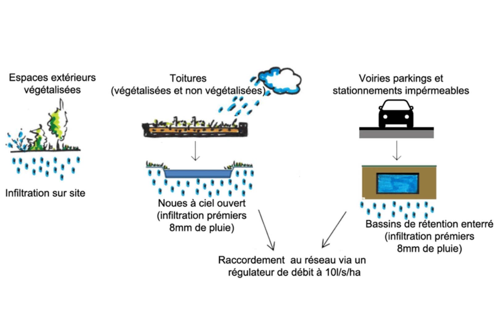 La gestion de l’eau pluviale comprend l’abattement des premiers 8mm de pluie via des noues, ainsi qu’un rejet au réseau à débit de fuite limité.