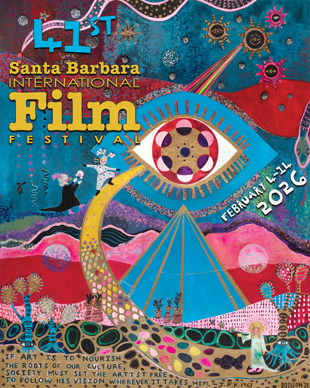 Poster for the 41st Santa Barbara International Film Festival with a large central eye and colorful, abstract designs.