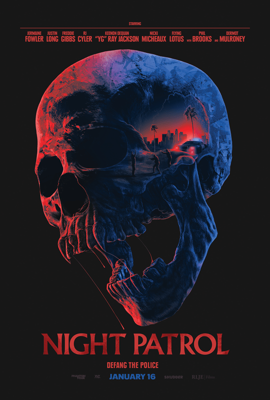 A poster featuring a large red and blue skull with a city scene inside, titled "Night Patrol."