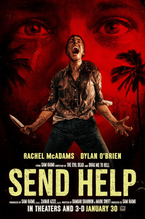 A dramatic movie poster showing a person screaming with a knife in hand, set against a red background with intense eyes and palm trees.