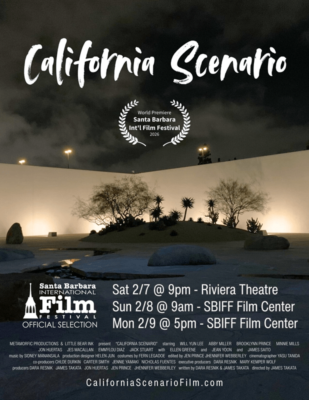 Promotional poster for "California Scenario" with nighttime garden scene and screening details.