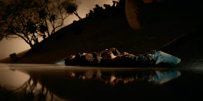 Two people lying on a reflective surface with silhouetted trees in the background.