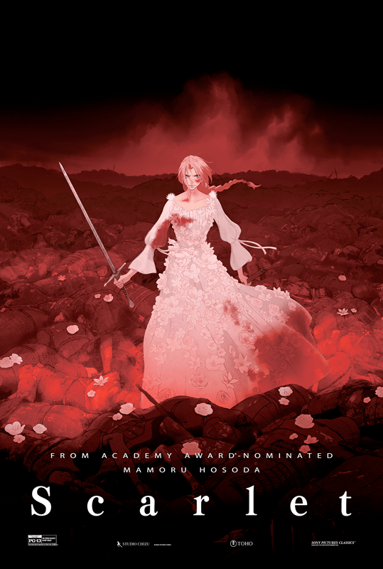 A woman in a white floral dress stands with a sword amidst a red-tinted battlefield.