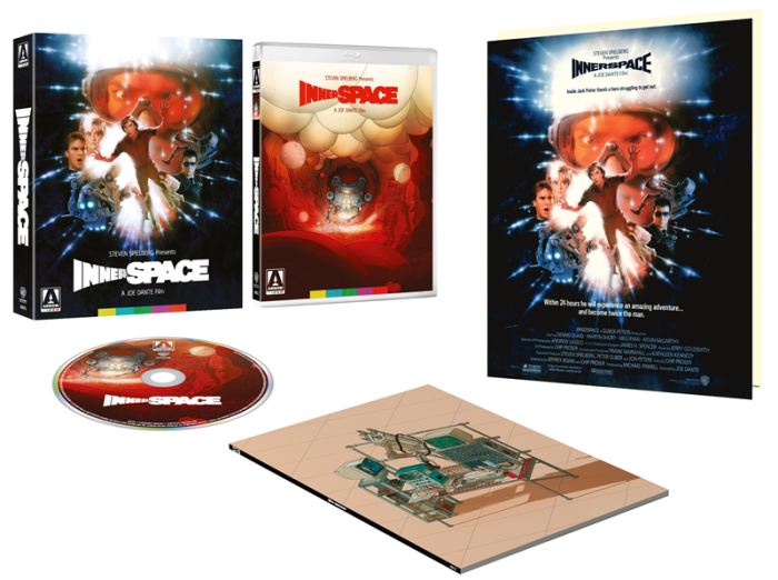 Packshot of the film "Innerspace" including a Blu-ray case, poster, disc, and booklet with detailed imagery.
