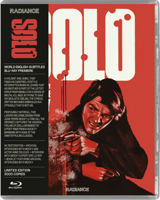 Cover of the "Solo" Blu-ray featuring a red background, a stylized illustration of a man gripping a bow, and text detailing the film's features and limited edition release.