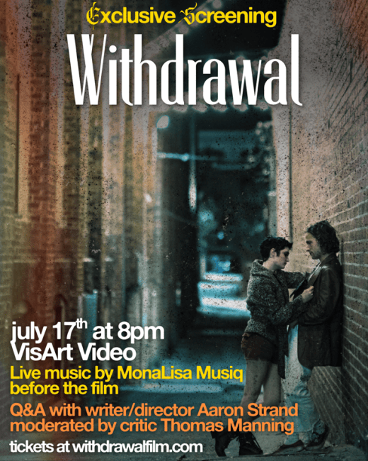 Poster for the exclusive screening of the film Withdrawal, featuring a couple in an alleyway, with details about the event, including date and location.