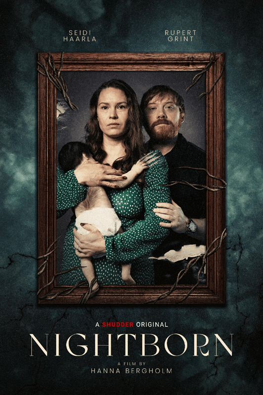 Movie poster for "NIGHTBORN," featuring a woman in a green polka-dotted dress holding a child, flanked by a man with red hair and a beard, all within a wooden frame adorned with twigs.