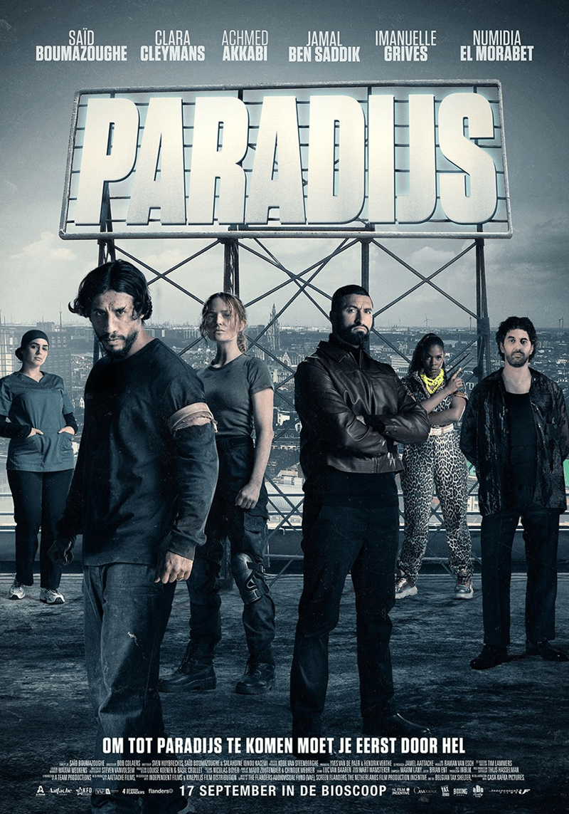 Promotional poster for the film "ATTACK ON PARADISE," featuring six characters in an urban setting with the title "PARADIJS" displayed prominently above.