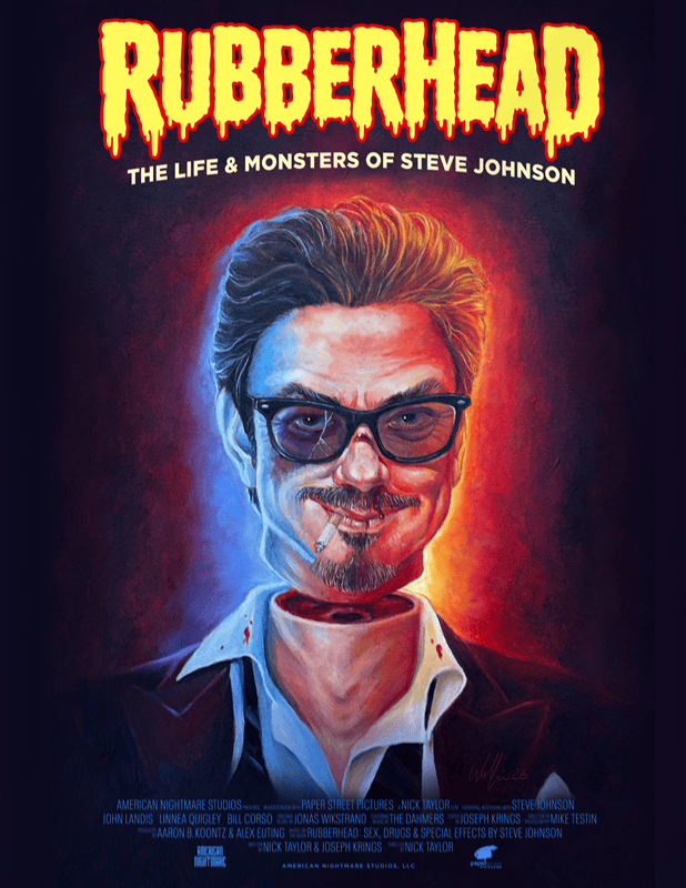Poster for the documentary "Rubberhead" featuring a stylized portrait of Steve Johnson with exaggerated features, surrounded by dramatic red and purple hues.