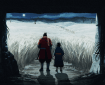 A prominent adult figure and a child stand at a cave entrance, looking out at a snowy landscape under a full moon, with grass and distant trees.