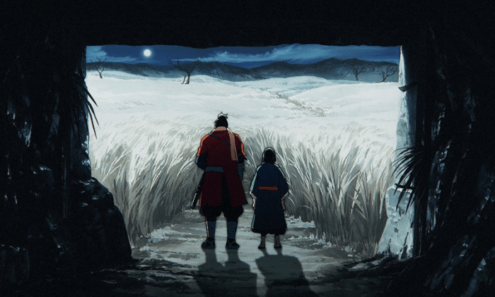 A prominent adult figure and a child stand at a cave entrance, looking out at a snowy landscape under a full moon, with grass and distant trees.