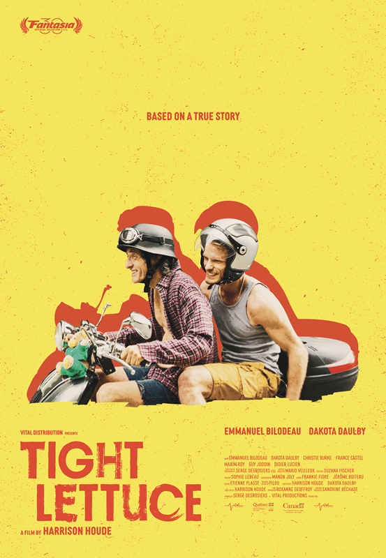 A movie poster for "TIGHT LETTUCE" featuring two men on a motorcycle against a yellow background. The title is displayed in bold red letters.