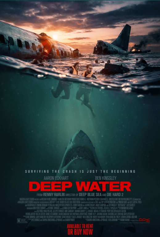 Movie poster for "DEEP WATER" featuring a sunset, a submerged airplane, two swimmers in life vests, and a shark below the surface.