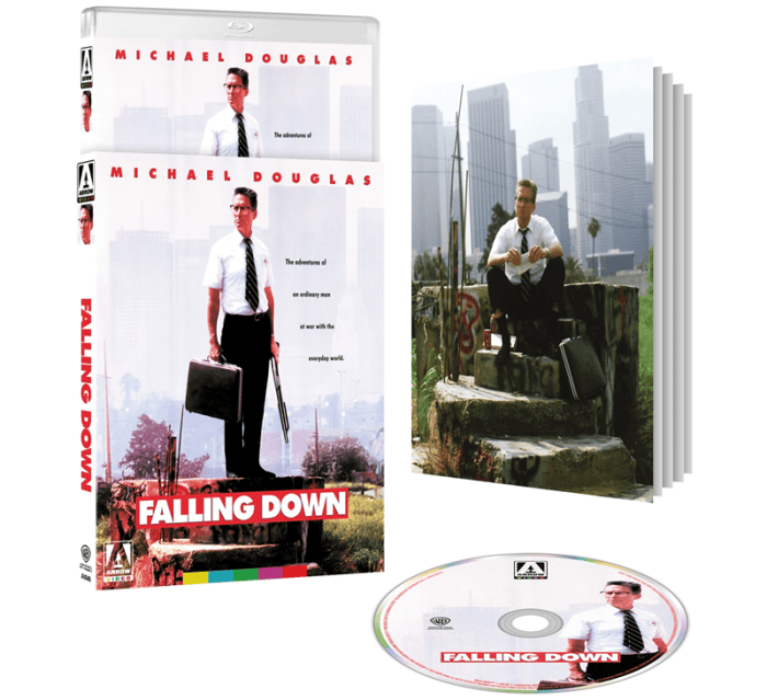 Cover of the Arrow Video edition of "Falling Down," featuring Michael Douglas in a white shirt and black tie, with the title in bold red at the bottom.