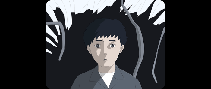 A young boy with short dark hair and a neutral expression stands in front of a dark, abstract background that resembles branches. He wears a light gray collared shirt and a dark gray jacket.