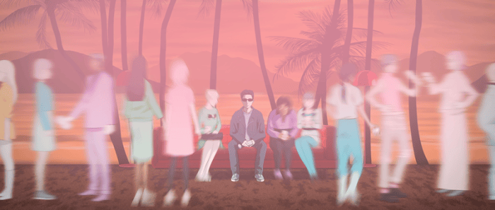 Still from JINSEI, depicting a man in a gray jacket and sunglasses sitting on a couch among blurred figures of people interacting in a vibrant tropical sunset environment.