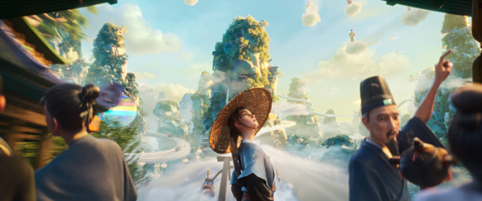 A young man in a straw hat stands in a magical landscape filled with lush mountains and clouds, surrounded by people in traditional attire.