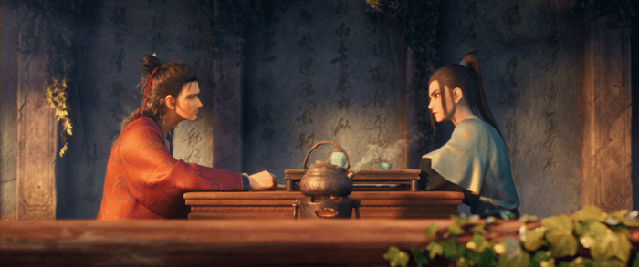 Two men at a wooden table in a dim, rustic setting, with inscriptions on the wall and an ornate teapot between them.