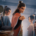 A group of animated characters from "ALL WISHES COME TRUE," with a central figure pointing forward and six others in various traditional attire, set in a dimly lit interior.