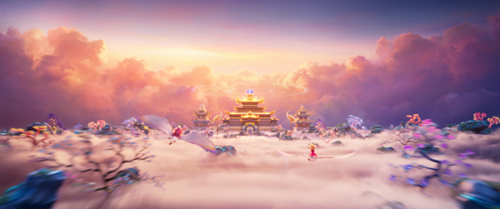 A vibrant fantasy landscape featuring a golden palace surrounded by colorful trees and mist, with a figure in red in the foreground, all under a dramatic sky.