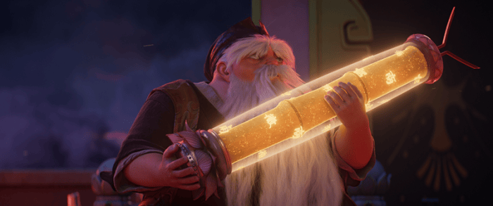 A character with a long white beard holds a large glowing golden cylindrical object, set against a dark background.