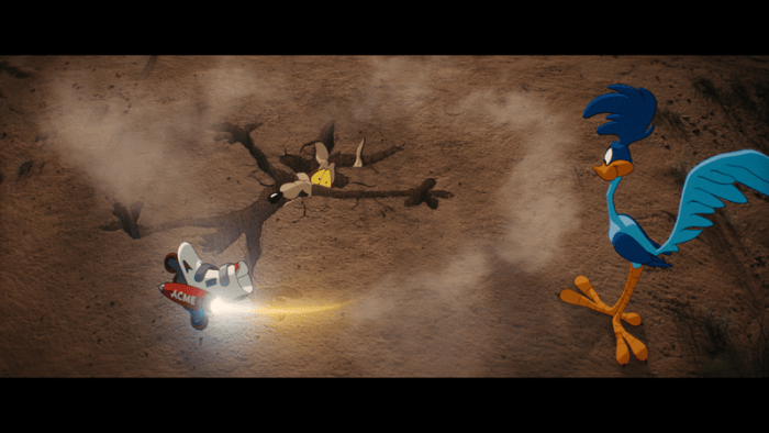Wile E. Coyote, comically stuck in the ground, with a smoking ACME rocket nearby and the Road Runner standing to the right.