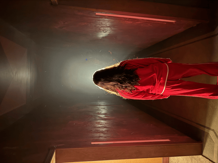 A woman in a red outfit stands in a dim hallway, facing a bright light source ahead, creating a contrasting atmosphere of tension.