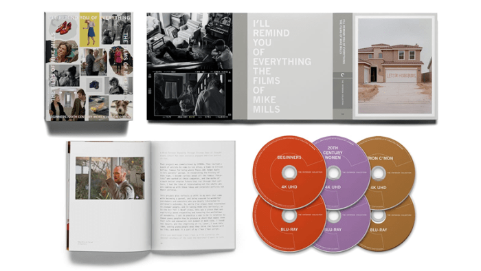 Visual representation of the Criterion Collection boxset "I’ll Remind You of Everything: The Films of Mike Mills," featuring a collage of film stills on the cover, a gray panel with white text, and four discs in red and gold labeled with film titles.
