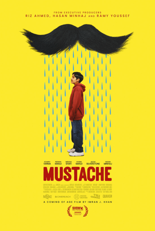 A bright yellow film poster for "MUSTACHE" featuring a young boy in a red hoodie standing beneath a large black mustache with blue raindrops falling from it. The title is displayed in bold red letters at the bottom.