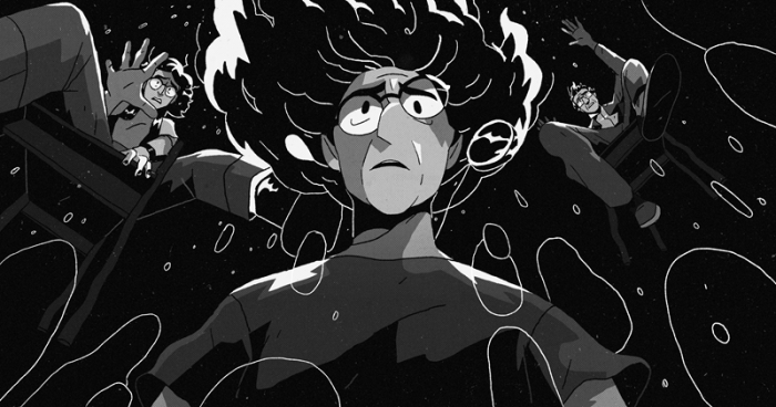 A surprised character with curly hair and glasses is at the center, surrounded by chaotic swirling shapes, while two figures seem to be falling backward off their chairs.