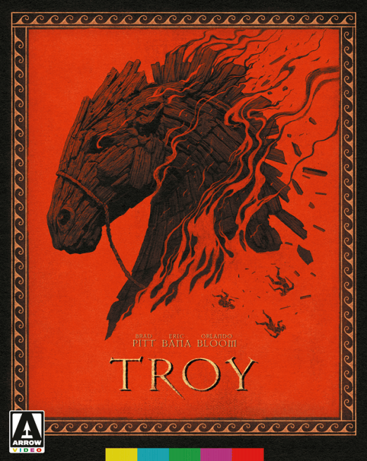 Blu-ray cover of the film "TROY," featuring a stylized depiction of the wooden horse with dynamic figures below, set against an orange background.