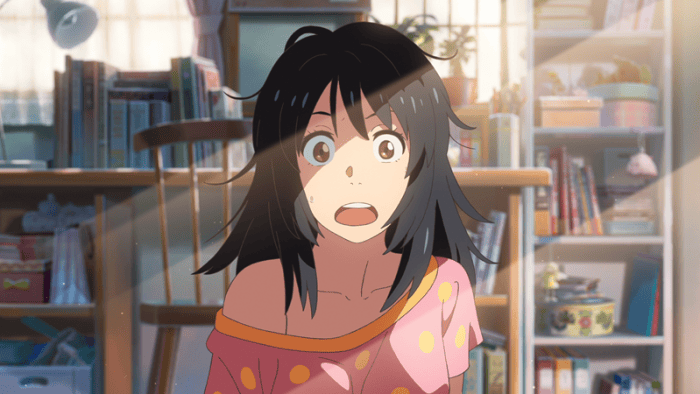 Anime-style young woman with tousled dark hair and a startled expression, standing in a sunlit room lined with bookshelves.
