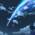 Animated night sky with a bright blue-and-pink comet arcing overhead as a person watches from the lower right.